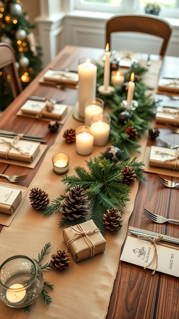 A rustic Christmas table decorated with kraft paper runner, place cards, gifts, pinecones, and candles.